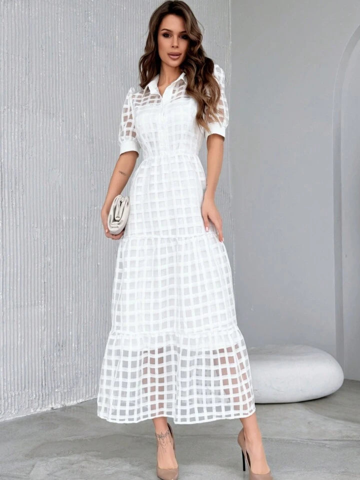 CM-DS527238 Women Elegant Seoul Style Buttoned V-Neck Short Sleeve Ruffle Hem Dress - White