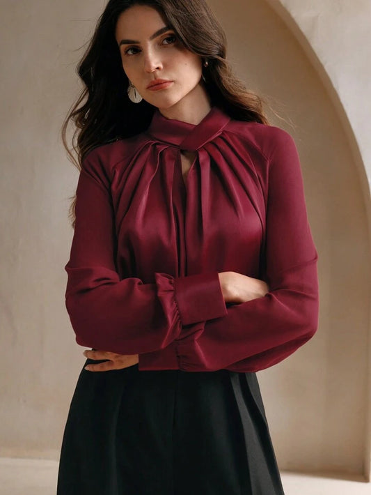 CM-TS111110 Women Elegant Seoul Style Stand Collar Hollow Design Satin Long Sleeve Shirt - Burgundy