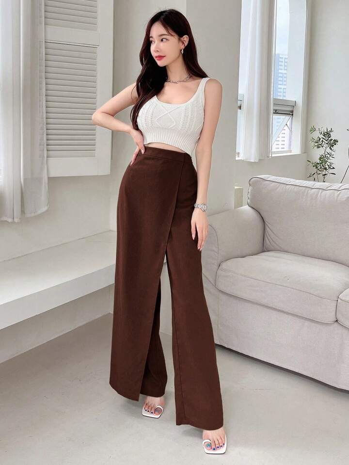 CM-BS005160 Women Casual Seoul Style Asymmetric Loose Fit Wide Leg Pants - Coffee Brown