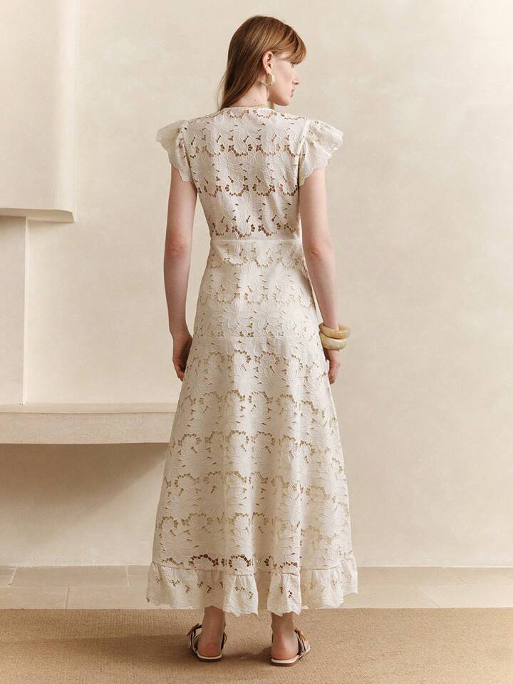 CM-DS803311 Women Elegant Seoul Style Lace Embroidered Hollow-Out V-Neck Ruched Waist Maxi Dress - Apricot