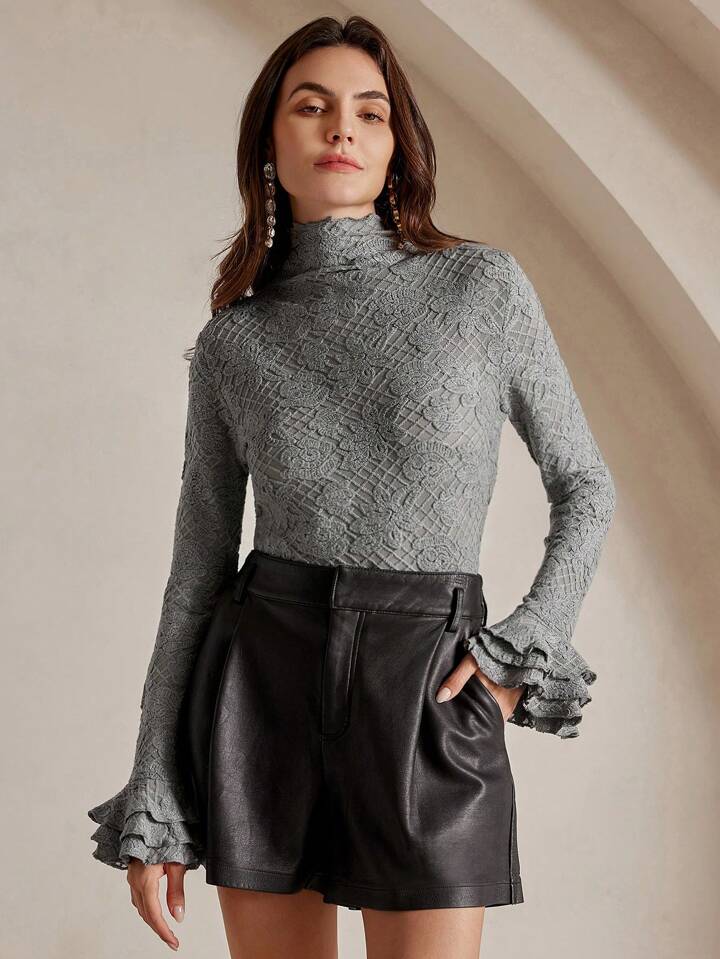 CM-TS324284 Women Elegant Seoul Style Stand Collar Long Sleeve Ruffle Cuff Fitted Crochet Blouse - Gray