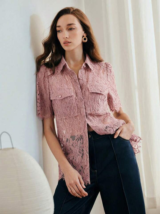 CM-TS636795 Women Elegant Seoul Style Lace Hollow Out Shirt Collar Short Sleeve Blouse - Pink