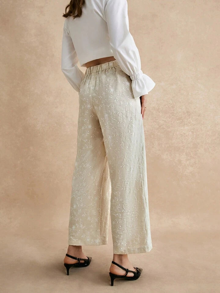 CM-BS110052 Women Casual Seoul Style Versatile Solid Color Embroidered Long Pants - Beige