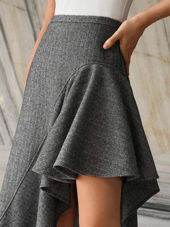 CM-BS017060 Women Elegant Seoul Style Wool Asymmetrical Hem Skirt - Gray