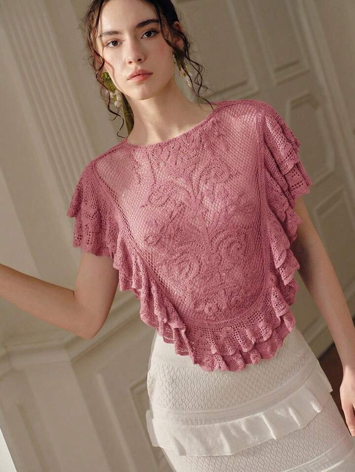 CM-TS415052 Women Elegant Seoul Style Round Neck Sleeveless Elastic Ruffled Hem Cropped Top - Pink