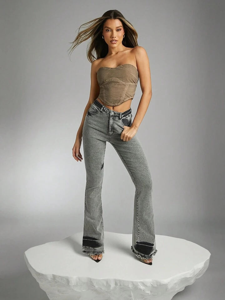 CM-BS954336 Women Casual Seoul Style Distressed Frayed Details Flare Leg Denim Jeans - Light Gray