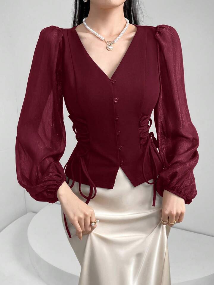 CM-TS872949 Women Elegant Seoul Style Sheer V-Neck Puff Lantern Sleeves Lace-Up Detail Blouse - Burgundy