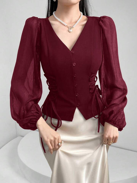 CM-TS872949 Women Elegant Seoul Style Sheer V-Neck Puff Lantern Sleeves Lace-Up Detail Blouse - Burgundy