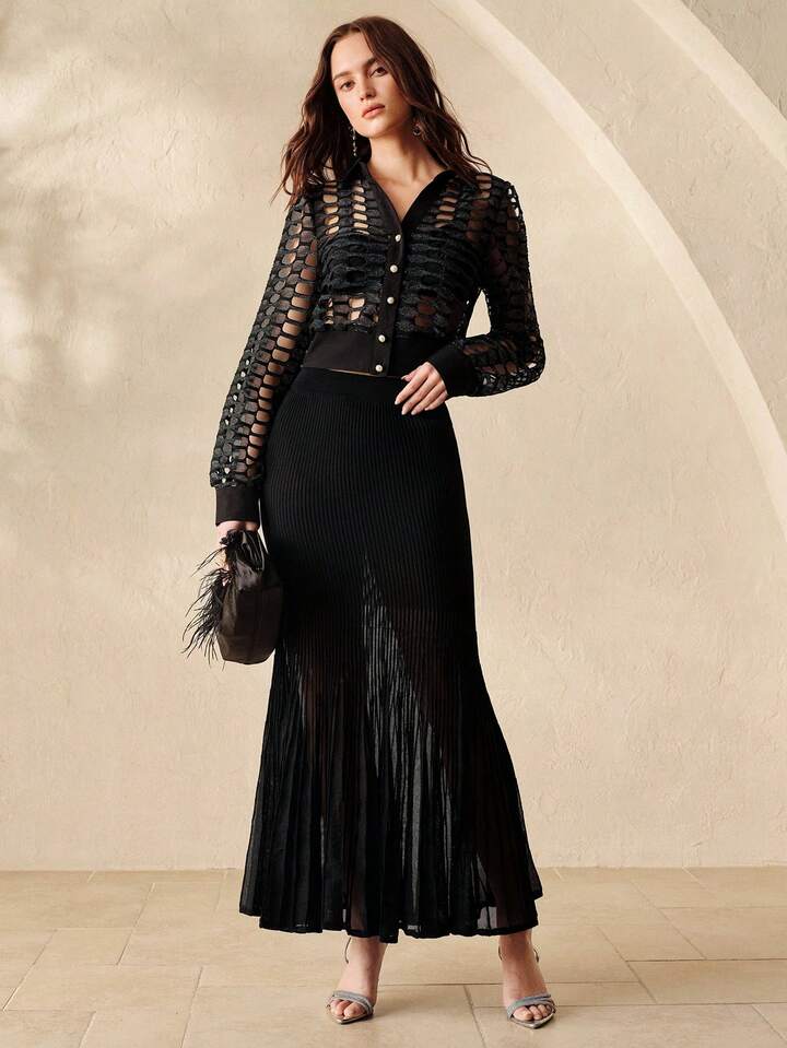 CM-TS682128 Women Casual Seoul Style Collared Hollow Out Pearl Button Design Long Sleeve Blouse - Black