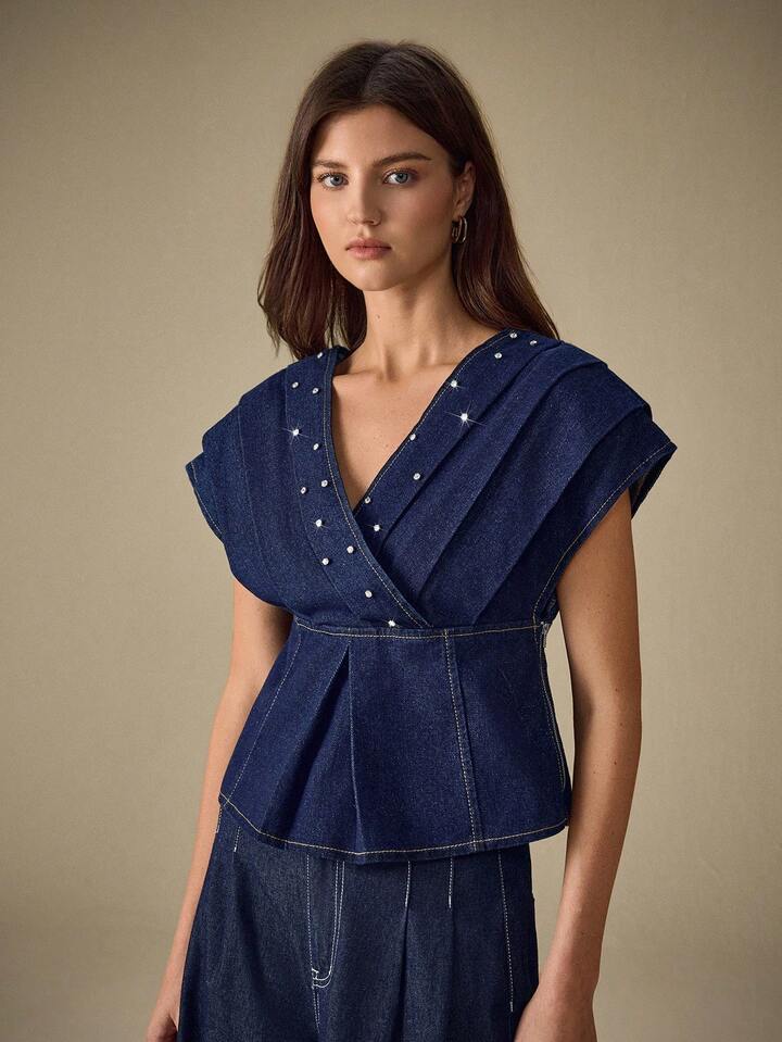 CM-TS983839 Women Casual Seoul Style Dark Wash Deep V-Neck Kimono Sleeve Denim Blouse