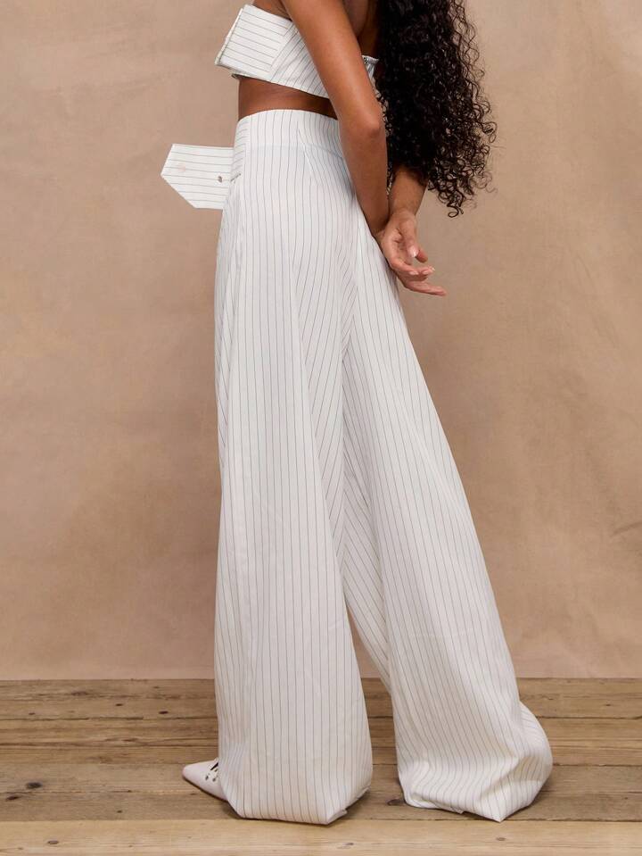 CM-BS418821 Women Casual Seoul Style Woven Stripe Belt Detail Wide Leg Trouser