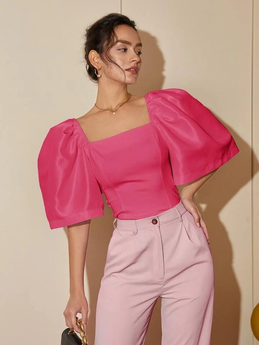 CM-TS744230 Women Elegant Seoul Style Puff Sleeve Square Neck Blouse - Pink