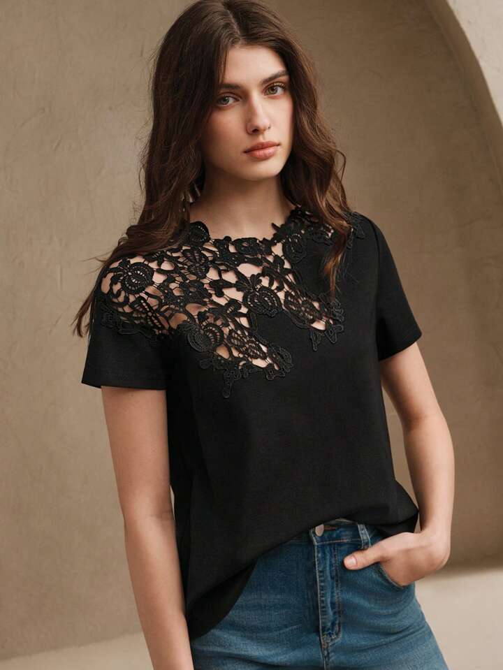 CM-TS707733 Women Casual Seoul Style Lace Crochet Patchwork Hollow Out Short Sleeve Blouse - Black