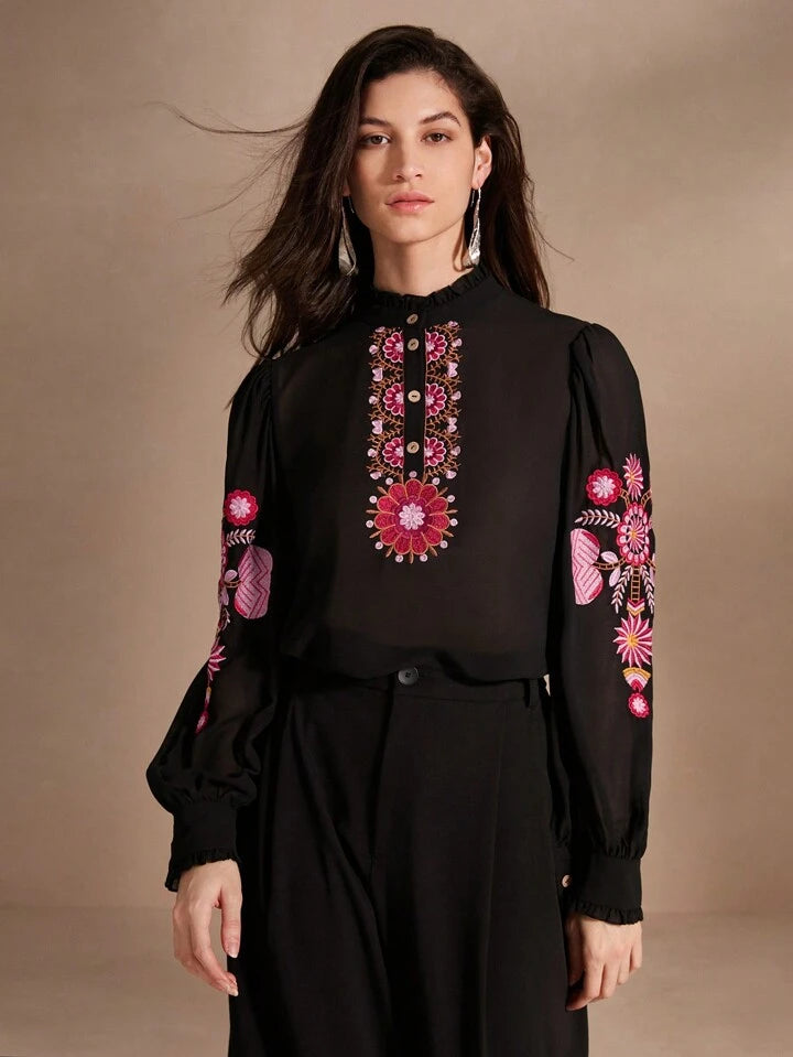 CM-TS085700 Women Trendy Bohemian Style Single-Breasted Floral Embroidery Long Sleeve Shirt