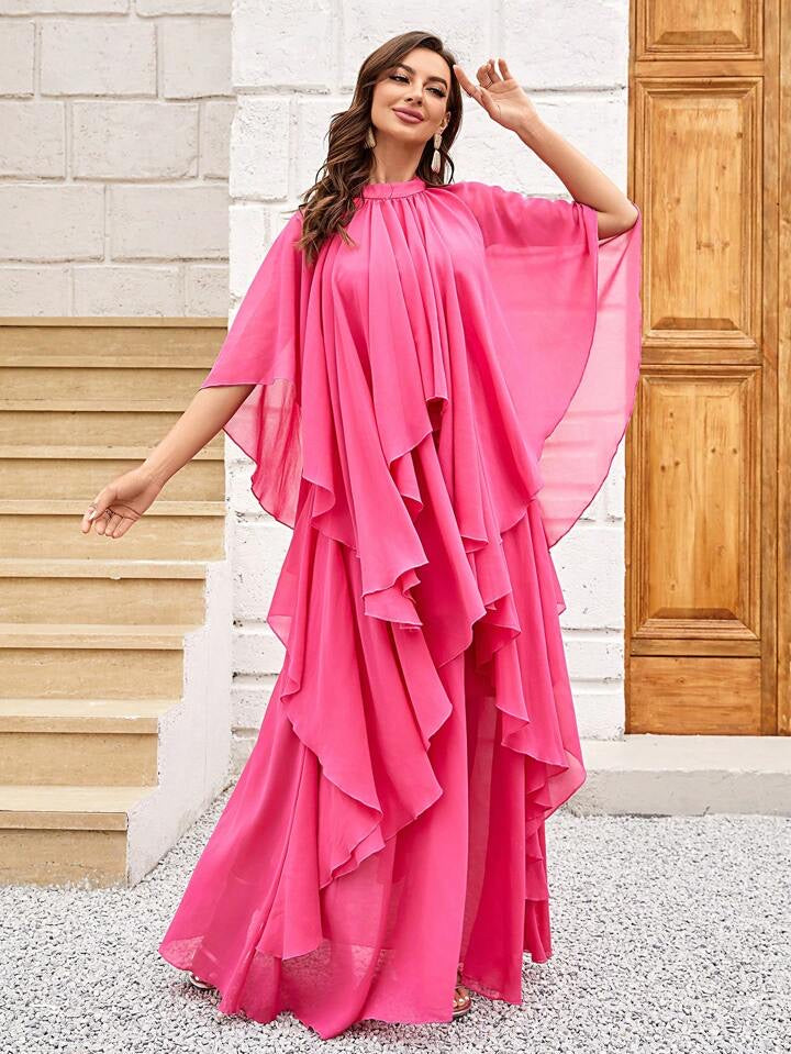 CM-DS814845 Women Elegant Seoul Style Ruffle Trim Batwing Sleeve Chiffon Dress - Hot Pink