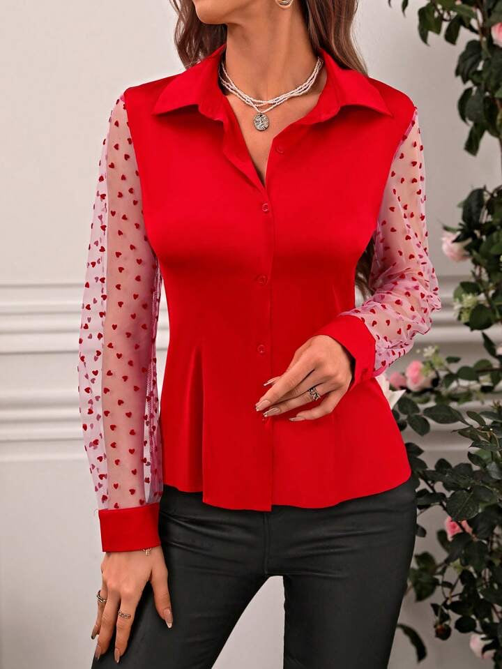 CM-TS537031 Women Casual Seoul Style Long Sleeve Mesh Heart Detail Turn-Down Collar Shirt