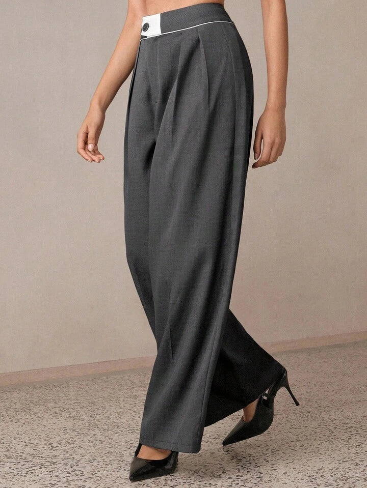 CM-BS433170 Women Casual Seoul Style Contrast Color Maxi Wide Leg Suit Pants - Dark Gray