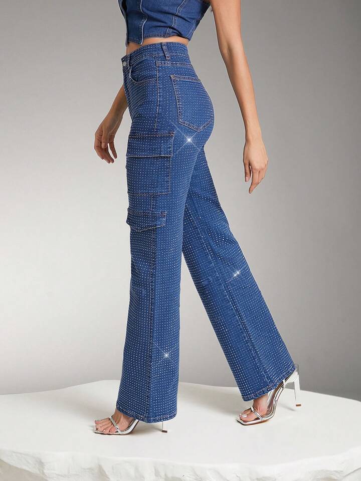 CM-BS698800 Women Elegant Seoul Style Rhinestone Flap Pocket Side Cargo Mid Ride Jeans - Blue