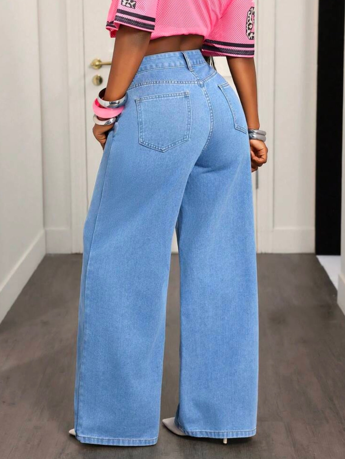 CM-BS114741 Women Casual Seoul Style Medium Wash Mid Waist Button-Up Multi-Pocket Wide Leg Denim Pants
