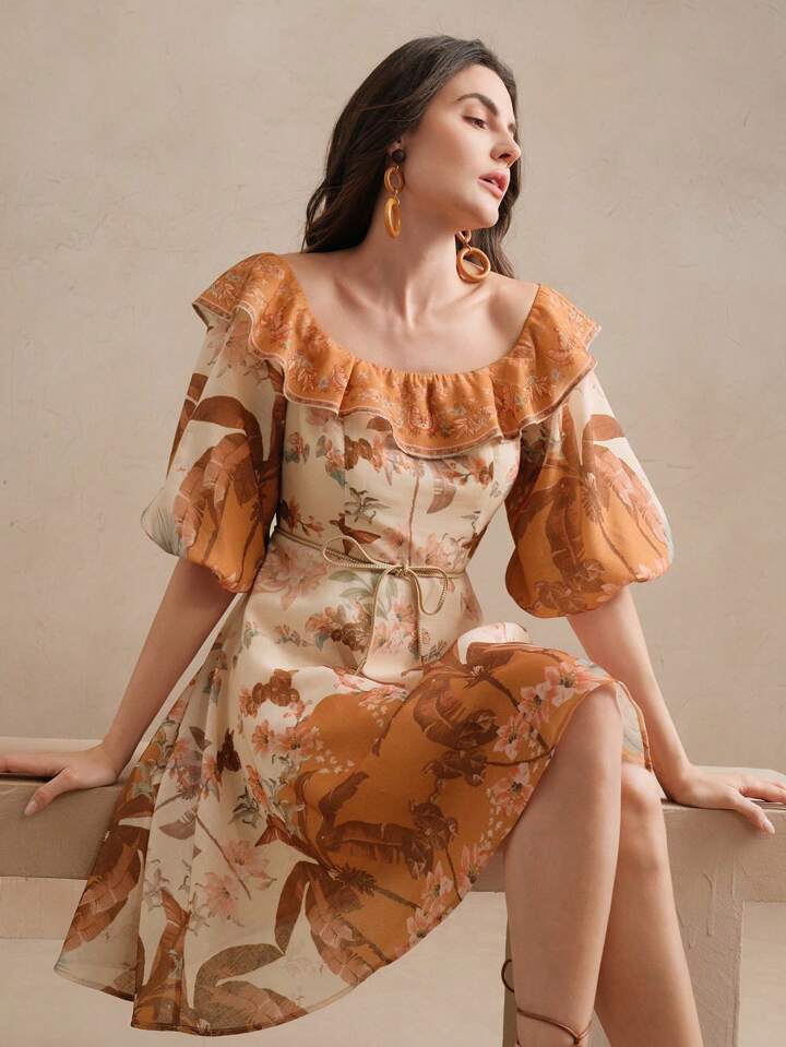 CM-DS328234 Women Trendy Bohemian Style Off Shoulder 3/4 Puff Sleeve High Waist Short Dress
