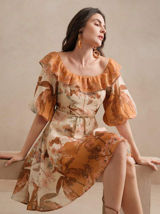 CM-DS328234 Women Trendy Bohemian Style Off Shoulder 3/4 Puff Sleeve High Waist Short Dress
