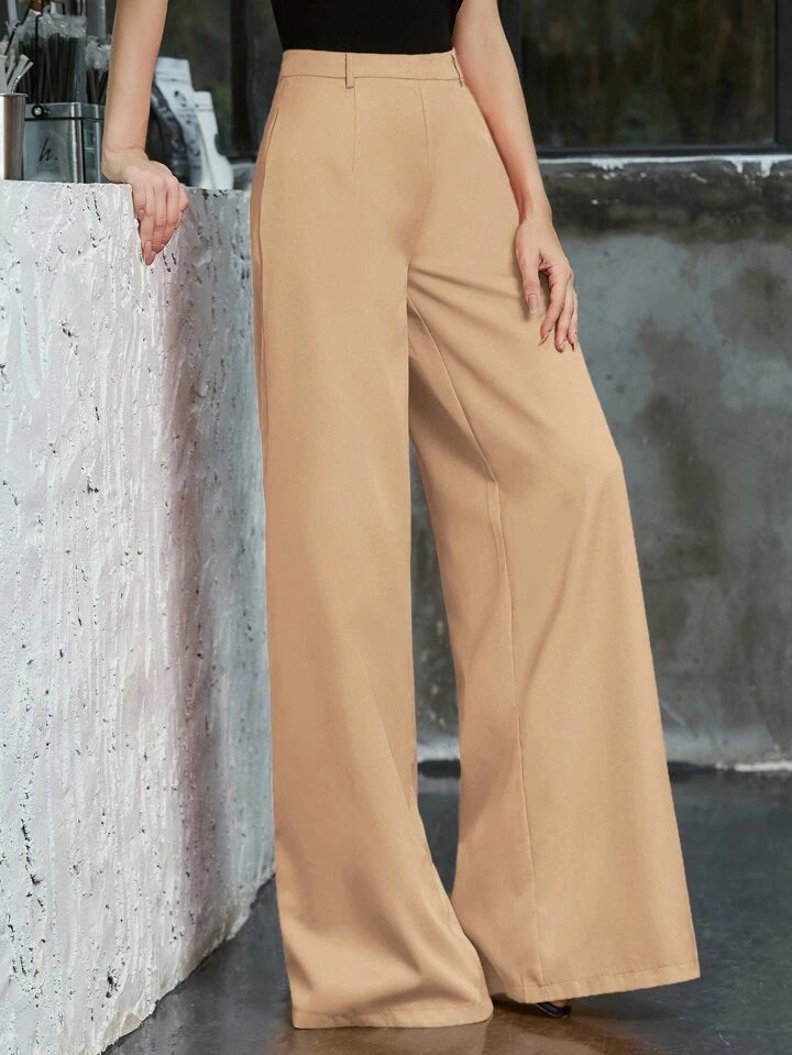 CM-BS015250 Women Elegant Seoul Style Solid Mid Waist Zip Back Wide Leg Pants - Khaki