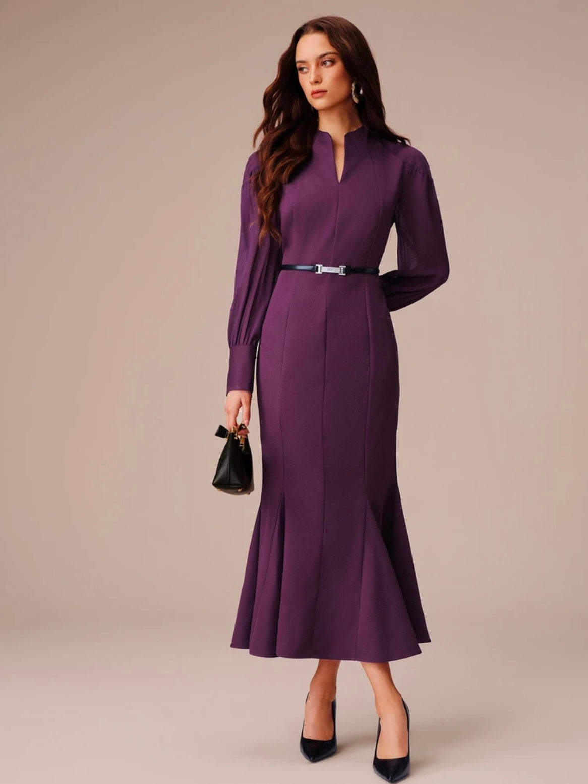 CM-DS873232 Women Elegant Seoul Style Chiffon V-Notch Stand Collar Sheer Puff Sleeves Mermaid Hem Long Dress