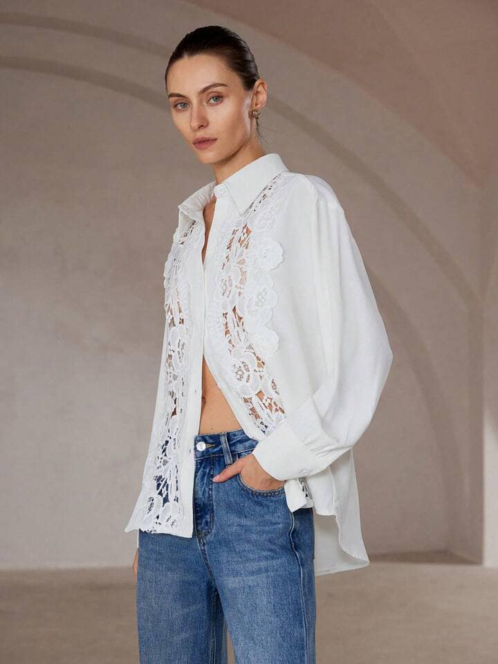 CM-TS227533 Women Elegant Seoul Style Floral Applique Long Sleeve Button-Up Shirt - White