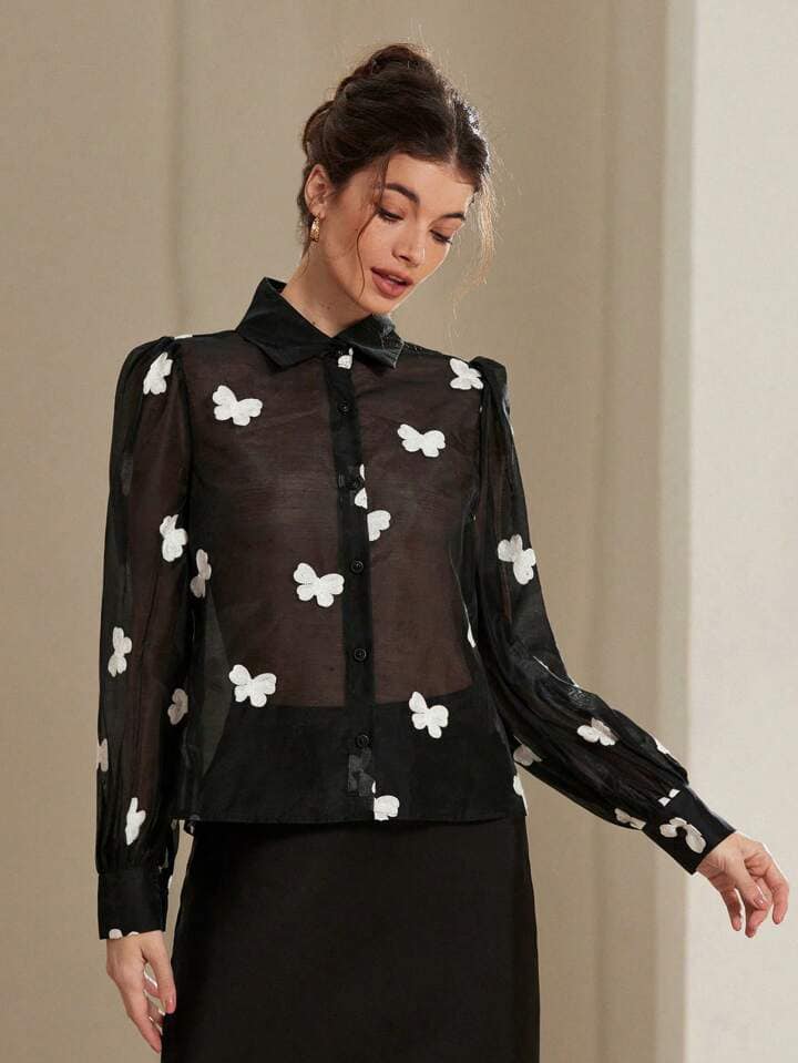 CM-TS286881 Women Casual Seoul Style Butterfly Embroidered Bishop Sleeve See-Through Collared Shirt