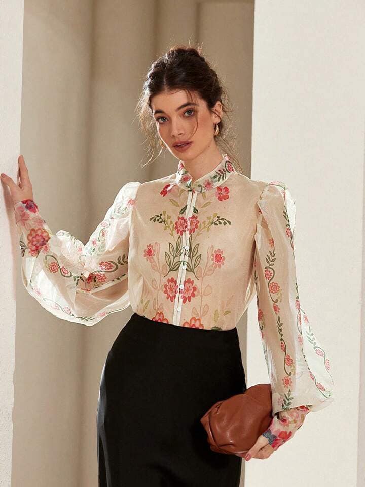 CM-TS033712 Women Trendy Bohemian Style V-Neck Floral Organza Puff Sleeve Buttoned Shirt