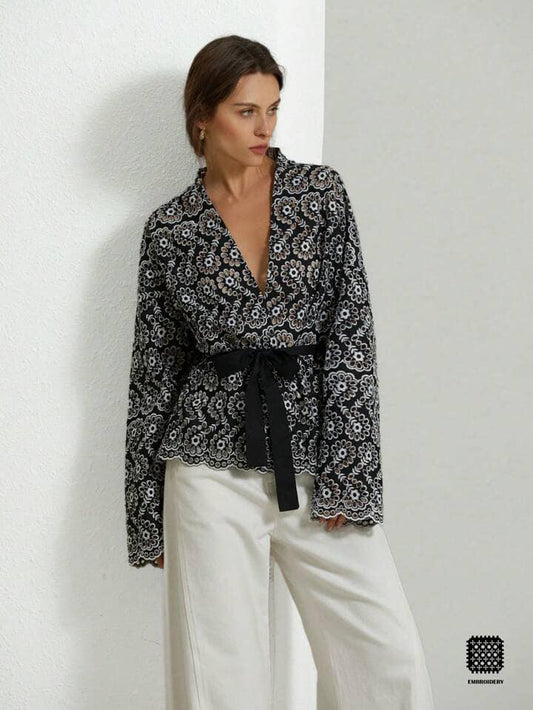 CM-TS999170 Women Trendy Bohemian Style Embroidered Self-Tie Waist V-Neck Lantern Sleeve Blouse