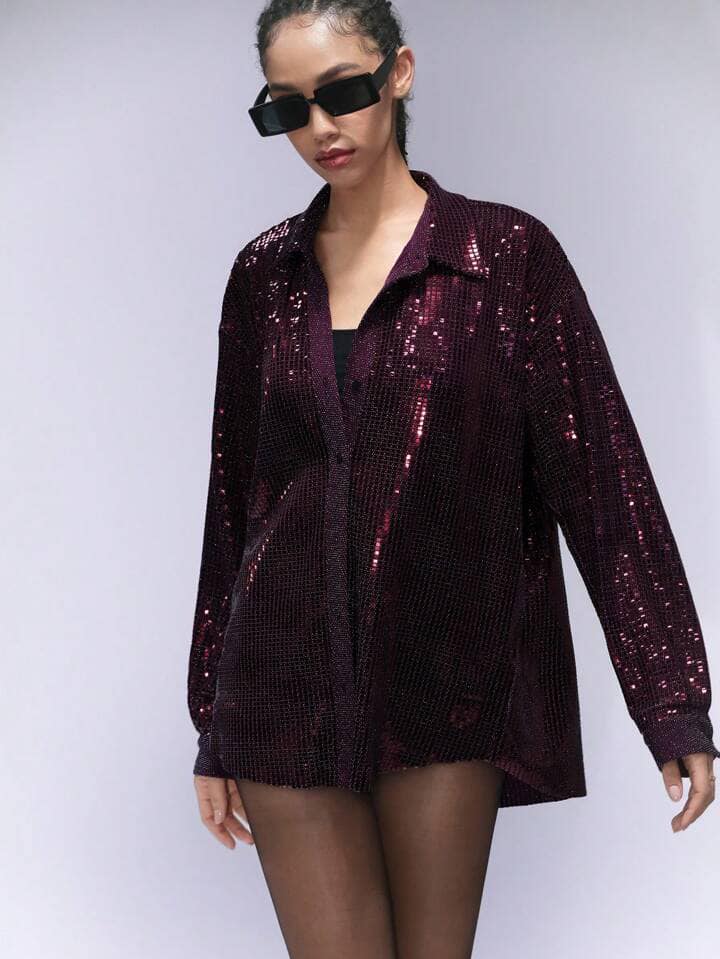 CM-TS740485 Women Elegant Seoul Style Shiny Sequin Lapel Collar Loose Long Sleeve Blouse