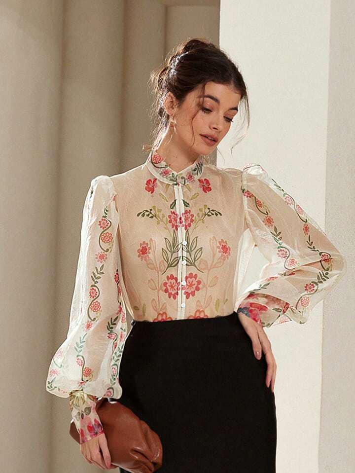 CM-TS033712 Women Trendy Bohemian Style V-Neck Floral Organza Puff Sleeve Buttoned Shirt