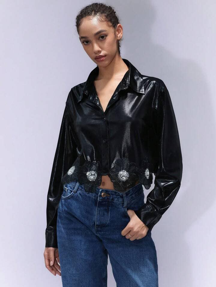 CM-TS144112 Women Elegant Seoul Style Sequined Metallic Puff Sleeve Embellished Floral Cropped Blouse