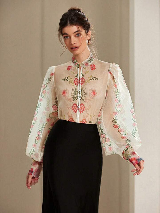 CM-TS033712 Women Trendy Bohemian Style V-Neck Floral Organza Puff Sleeve Buttoned Shirt