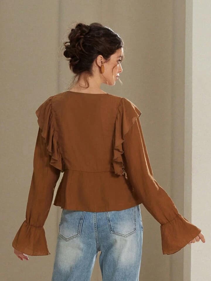 CM-TS378848 Women Elegant Seoul Style V-Neck Asymmetric Ruffle Bow Tie Flare Sleeve Blouse