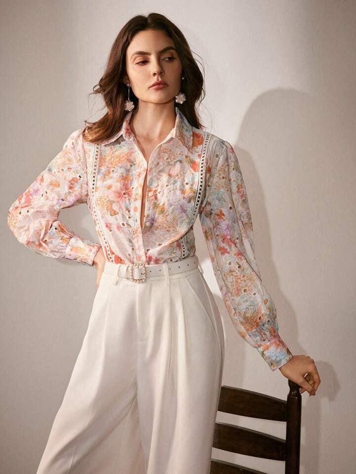 CM-TS048222 Women Elegant Seoul Style Floral Embroidered Long Sleeve Loose Blouse