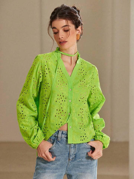 CM-TS799145 Women Trendy Bohemian Style V-Neck Hollow Embroidered Lantern Sleeve Tie Hem Blouse