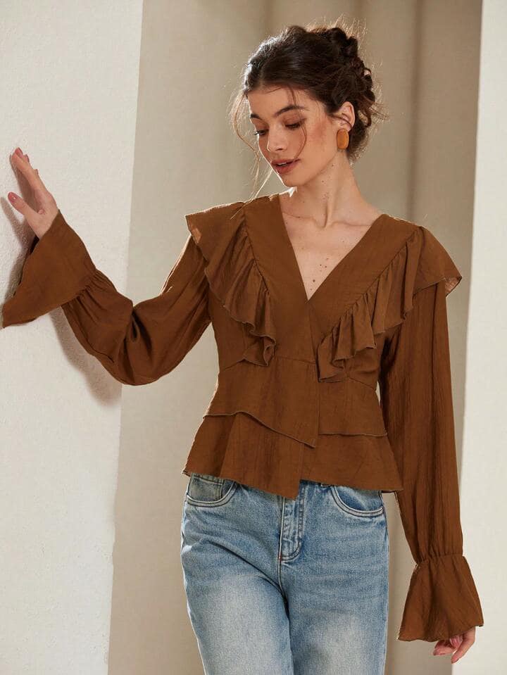 CM-TS378848 Women Elegant Seoul Style V-Neck Asymmetric Ruffle Bow Tie Flare Sleeve Blouse