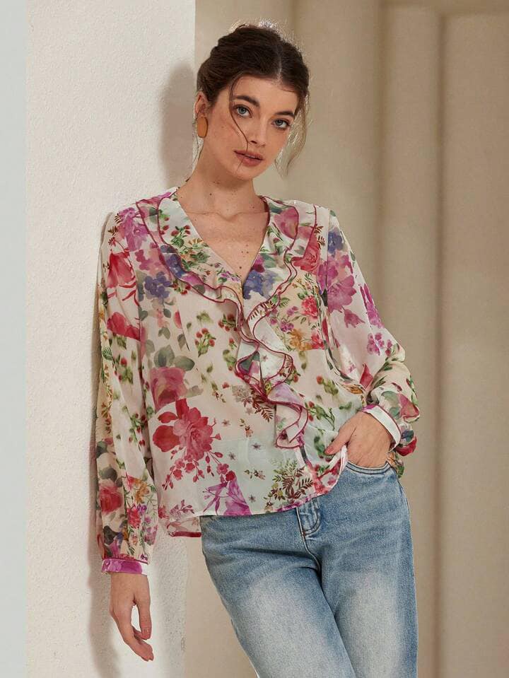 CM-TS828679 Women Trendy Bohemian Style Floral Print Layered Decorative Long Sleeve Blouse
