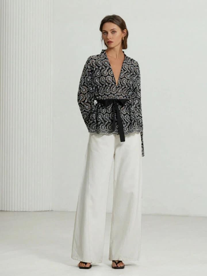CM-TS999170 Women Trendy Bohemian Style Embroidered Self-Tie Waist V-Neck Lantern Sleeve Blouse
