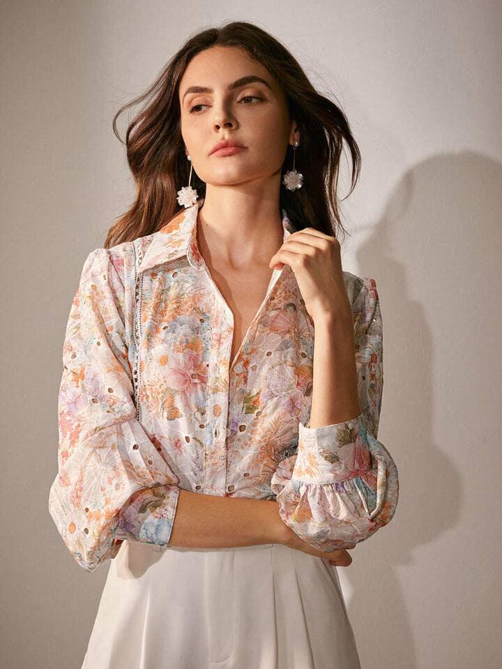 CM-TS048222 Women Elegant Seoul Style Floral Embroidered Long Sleeve Loose Blouse