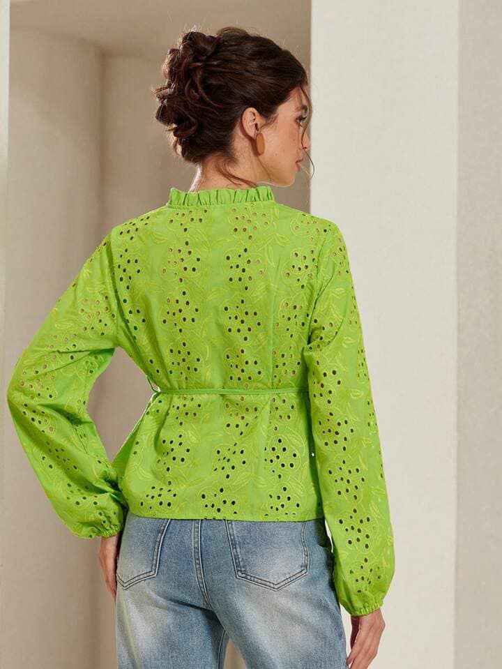 CM-TS799145 Women Trendy Bohemian Style V-Neck Hollow Embroidered Lantern Sleeve Tie Hem Blouse