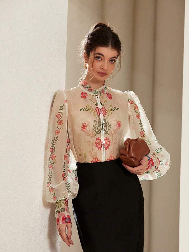 CM-TS033712 Women Trendy Bohemian Style V-Neck Floral Organza Puff Sleeve Buttoned Shirt