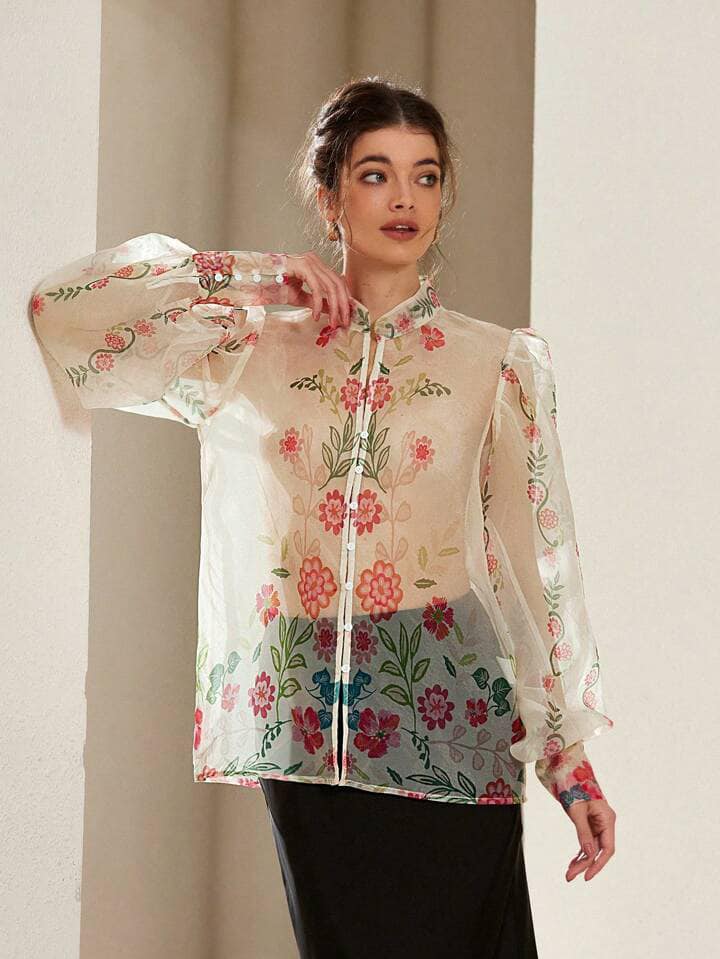 CM-TS033712 Women Trendy Bohemian Style V-Neck Floral Organza Puff Sleeve Buttoned Shirt
