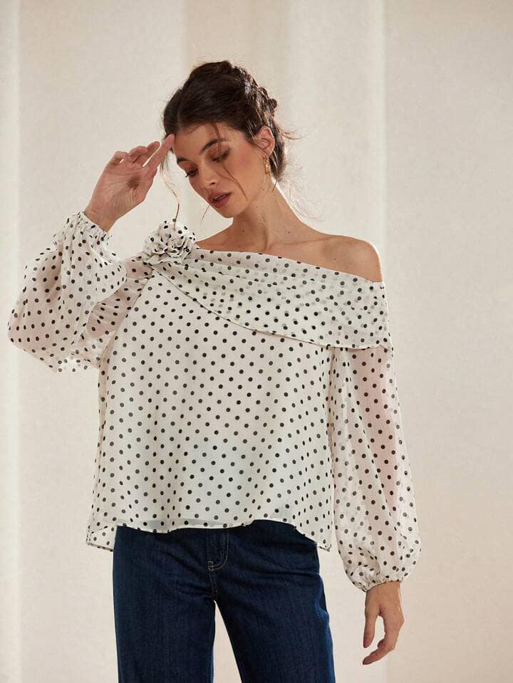 CM-TS429949 Women Elegant Seoul Style Slopped Shoulder Chiffon Floral Decor Polka Dot Long Sleeve Shirt