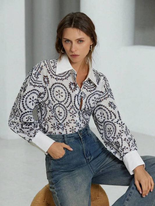 CM-BS876507 Women Trendy Bohemian Style Long Sleeve Trim Line Embroidered Collar Splicing Blouse