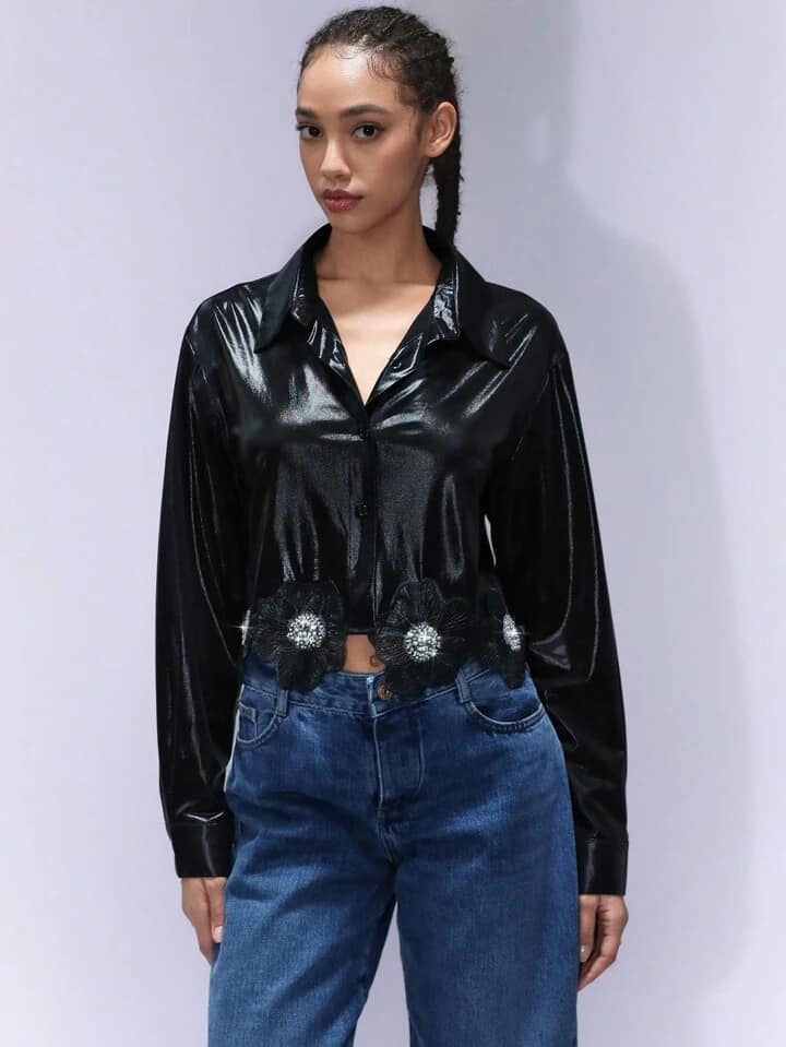 CM-TS144112 Women Elegant Seoul Style Sequined Metallic Puff Sleeve Embellished Floral Cropped Blouse