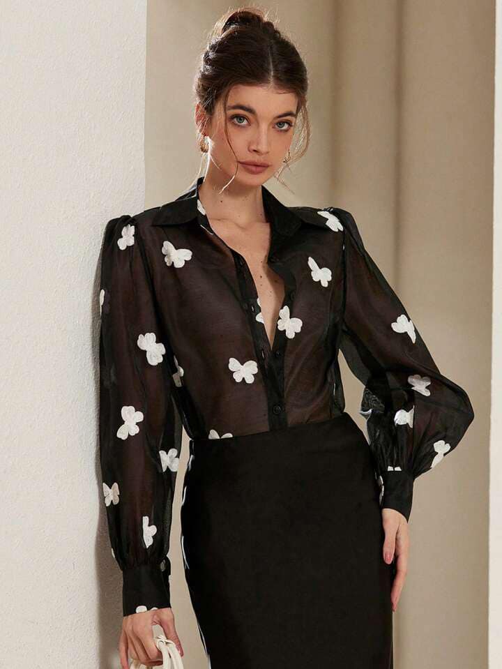 CM-TS286881 Women Casual Seoul Style Butterfly Embroidered Bishop Sleeve See-Through Collared Shirt