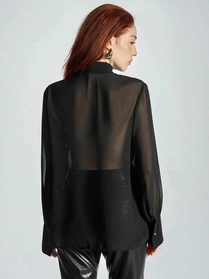 CM-TS183720 Women Casual Seoul Style V-Neck Tie Collar Ribbon Button Down Long Sleeve Blouse - Black